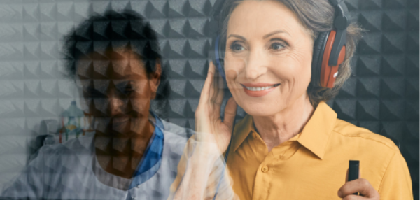 Woman sits in a soundproof booth, wearing headphones, having her hearing tested.