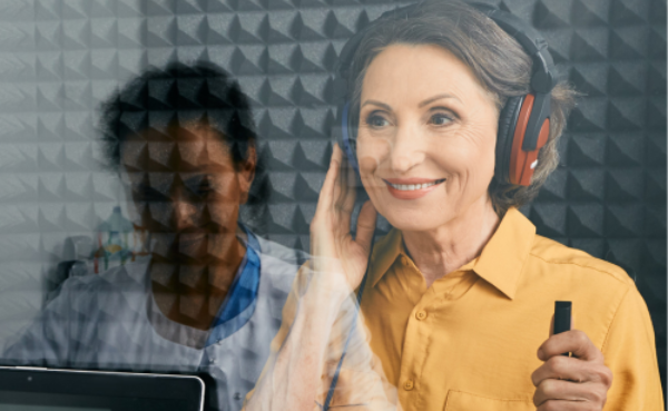 Woman sits in a soundproof booth, wearing headphones, having her hearing tested.
