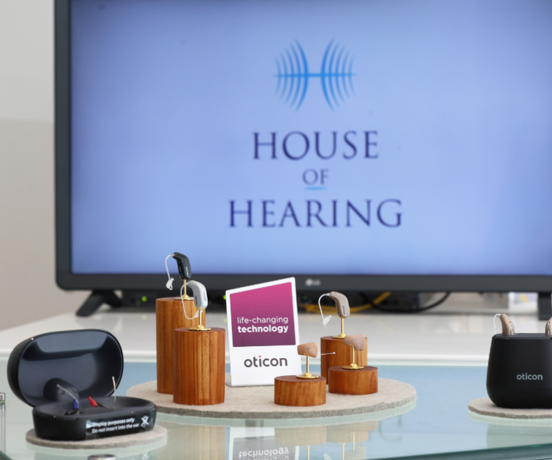 Hearing aid display in reception area of House of Hearing Lichfield.